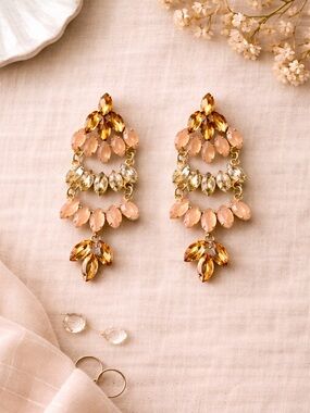 Brazilian Statement Chandelier Earrings • Peach & Champagne Crystal • Gold Tone